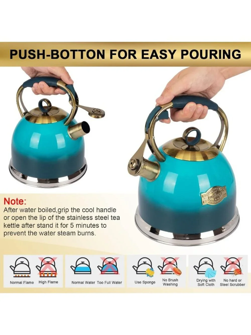 Blue Kitchen Whistling Tea Kettle 3.0 Quart Stainless Steel Stovetop Tea Pot
